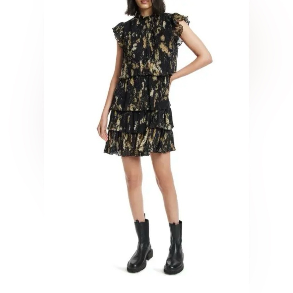 All saints Antheia Tiered Plissé Dress Black/ Gold Size 4